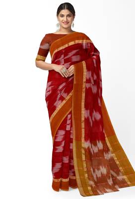 Crimson red ikat saree with mustard border 1