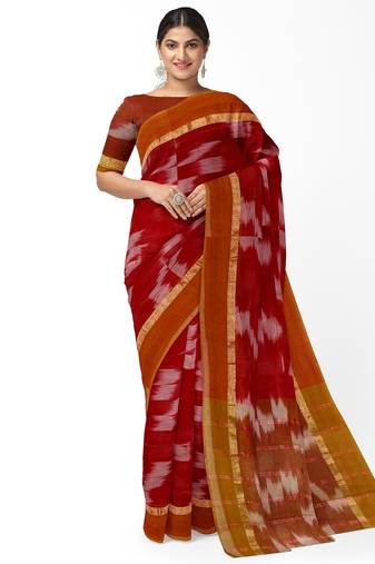 Crimson red ikat saree with mustard border