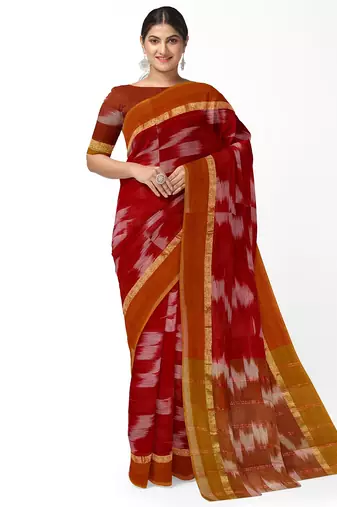 Crimson red ikat saree with mustard border