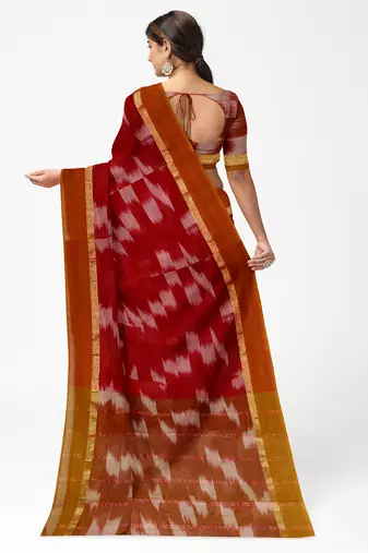 Crimson red ikat saree with mustard border