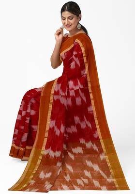 Crimson red ikat saree with mustard border 3