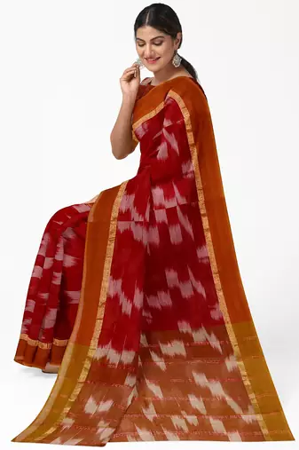 Crimson red ikat saree with mustard border