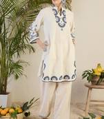 White Embroidered Co-Ord Set with Blue Paisley Detailing