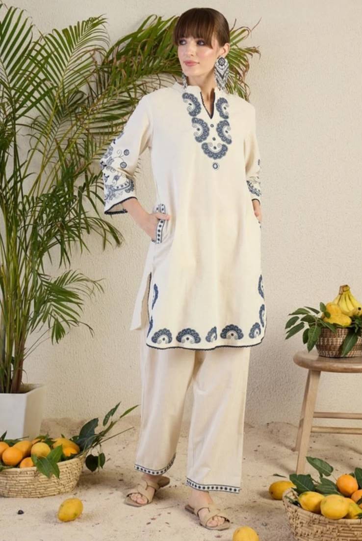 White Embroidered Co-Ord Set with Blue Paisley Detailing