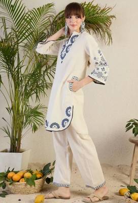 White Embroidered Co-Ord Set with Blue Paisley Detailing 2