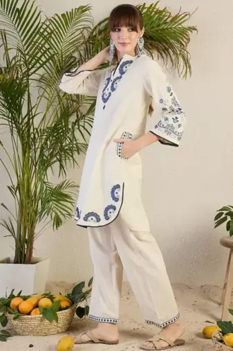 White Embroidered Co-Ord Set with Blue Paisley Detailing