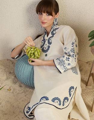 White Embroidered Co-Ord Set with Blue Paisley Detailing 3