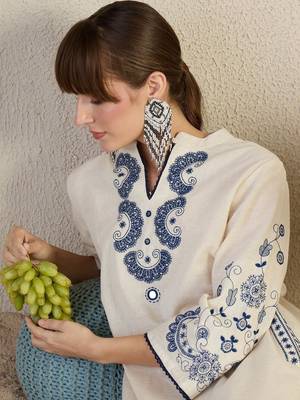 White Embroidered Co-Ord Set with Blue Paisley Detailing 4
