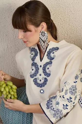 White Embroidered Co-Ord Set with Blue Paisley Detailing