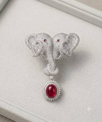 Silver plated ruby red stone twin elephant brooch 2