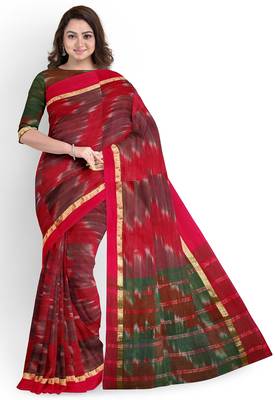 Magenta Pochampally ikat maroon saree with green pallu 1
