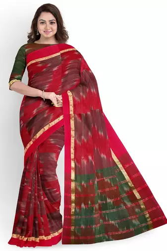 Magenta Pochampally ikat maroon saree with green pallu