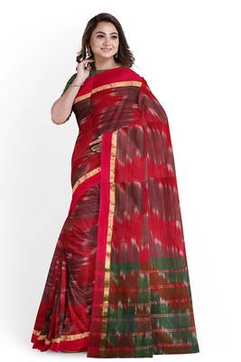 Magenta Pochampally ikat maroon saree with green pallu 2