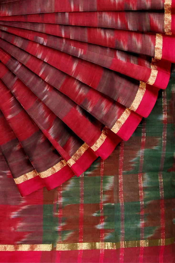 Magenta Pochampally ikat maroon saree with green pallu