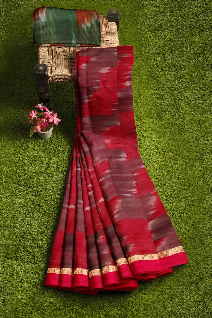 Magenta Pochampally ikat maroon saree with green pallu