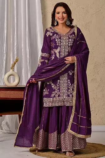 wine chinon silk party wear embroidered sharara suit set 