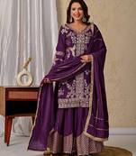 wine chinon silk party wear embroidered sharara suit set 