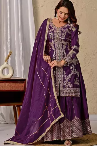 wine chinon silk party wear embroidered sharara suit set 