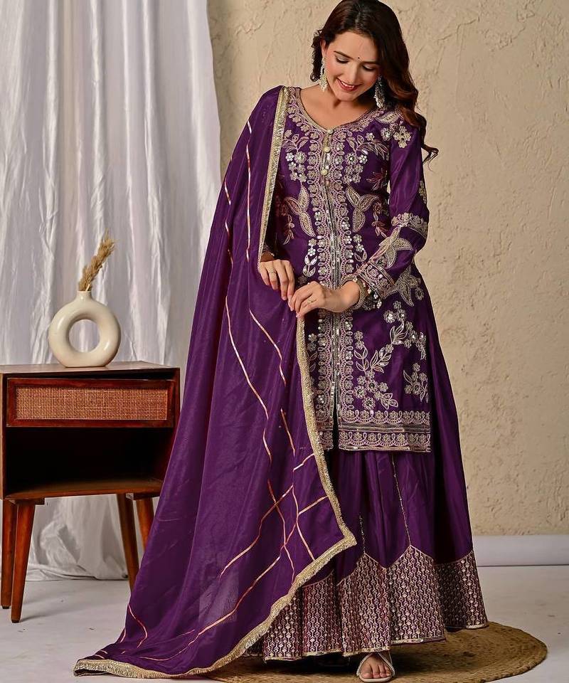 wine chinon silk party wear embroidered sharara suit set 