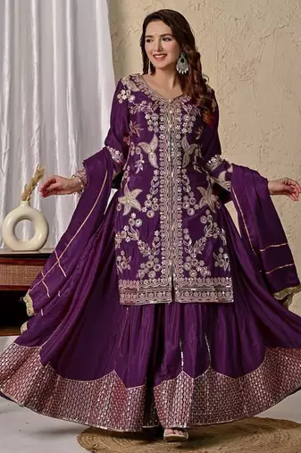 wine chinon silk party wear embroidered sharara suit set 