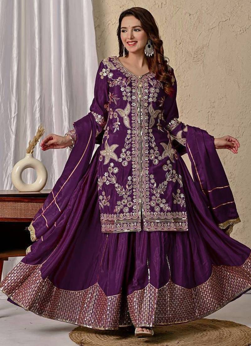 wine chinon silk party wear embroidered sharara suit set 