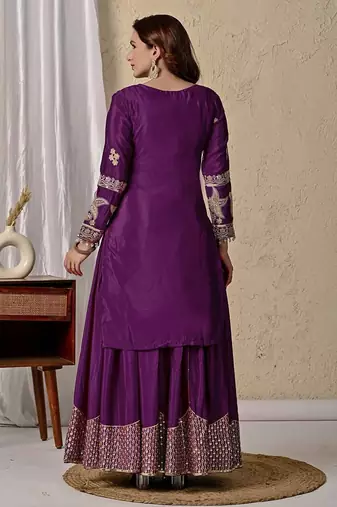 wine chinon silk party wear embroidered sharara suit set 