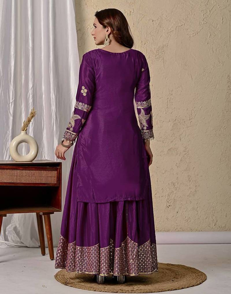 wine chinon silk party wear embroidered sharara suit set 