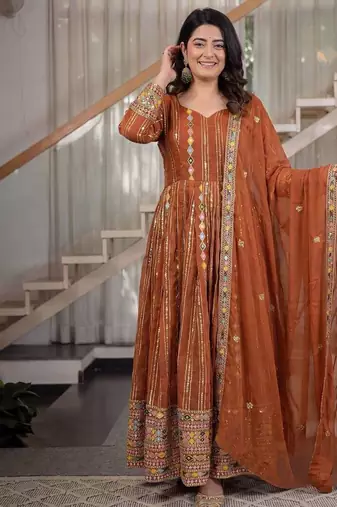 dark orange faux blooming party wear embroidered suit set 
