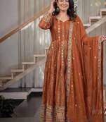 dark orange faux blooming party wear embroidered suit set 