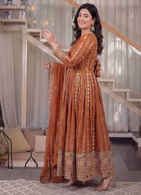 dark orange faux blooming party wear embroidered suit set  2