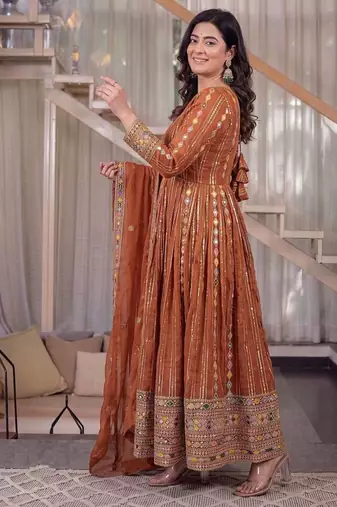 dark orange faux blooming party wear embroidered suit set 