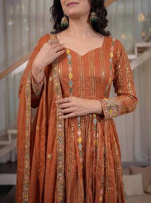 dark orange faux blooming party wear embroidered suit set  4