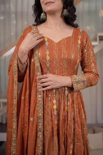dark orange faux blooming party wear embroidered suit set 