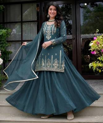 rama green roman cotton party wear embroidered sharara suit set  1