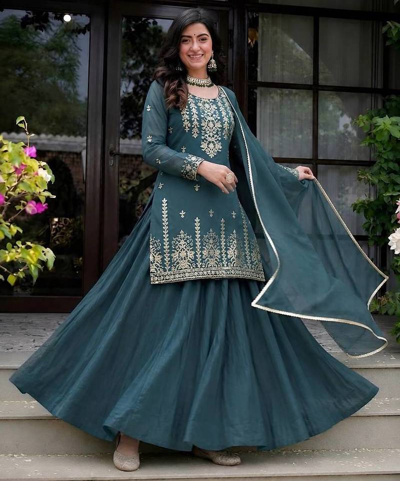 rama green roman cotton party wear embroidered sharara suit set 