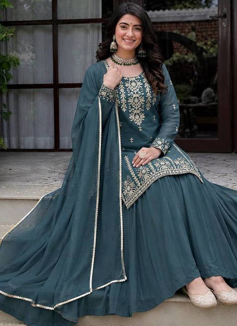 rama green roman cotton party wear embroidered sharara suit set 
