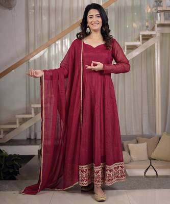 maroon crunchy silk party wear embroidered anarkali suit set  1