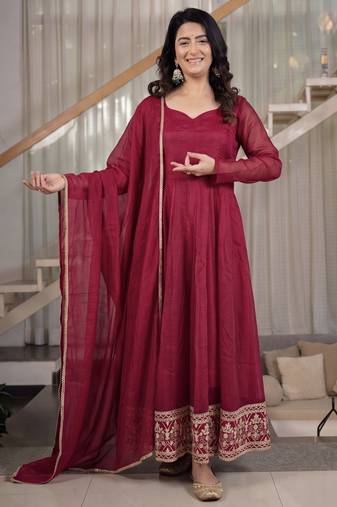 maroon crunchy silk party wear embroidered anarkali suit set 