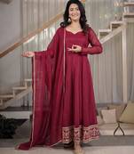maroon crunchy silk party wear embroidered anarkali suit set 