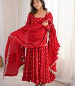 red chinon silk party wear embroidered anarkali suit set 