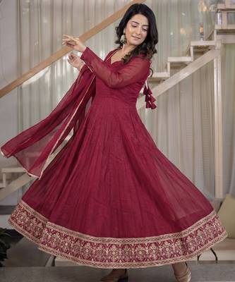 maroon crunchy silk party wear embroidered anarkali suit set  2