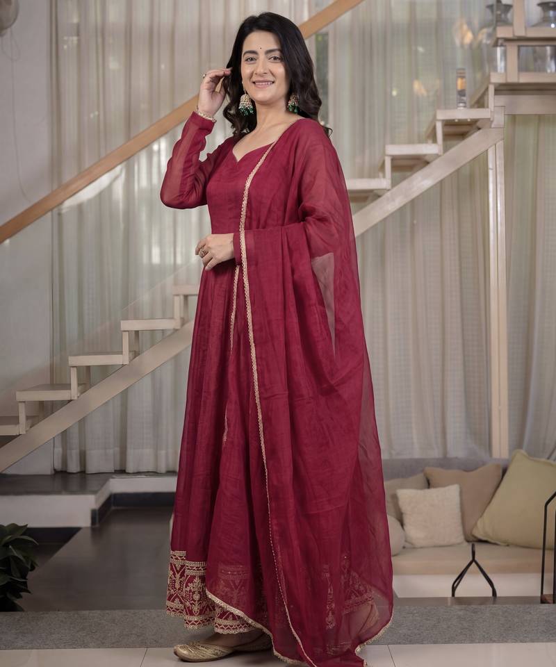 maroon crunchy silk party wear embroidered anarkali suit set 