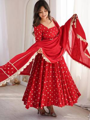 red chinon silk party wear embroidered anarkali suit set  3