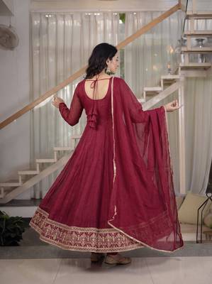 maroon crunchy silk party wear embroidered anarkali suit set  4