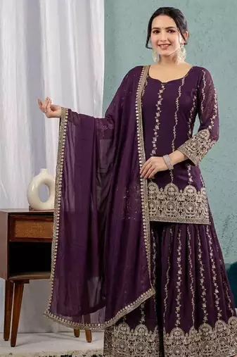 wine crunchy silk party wear embroidered anarkali suit set 