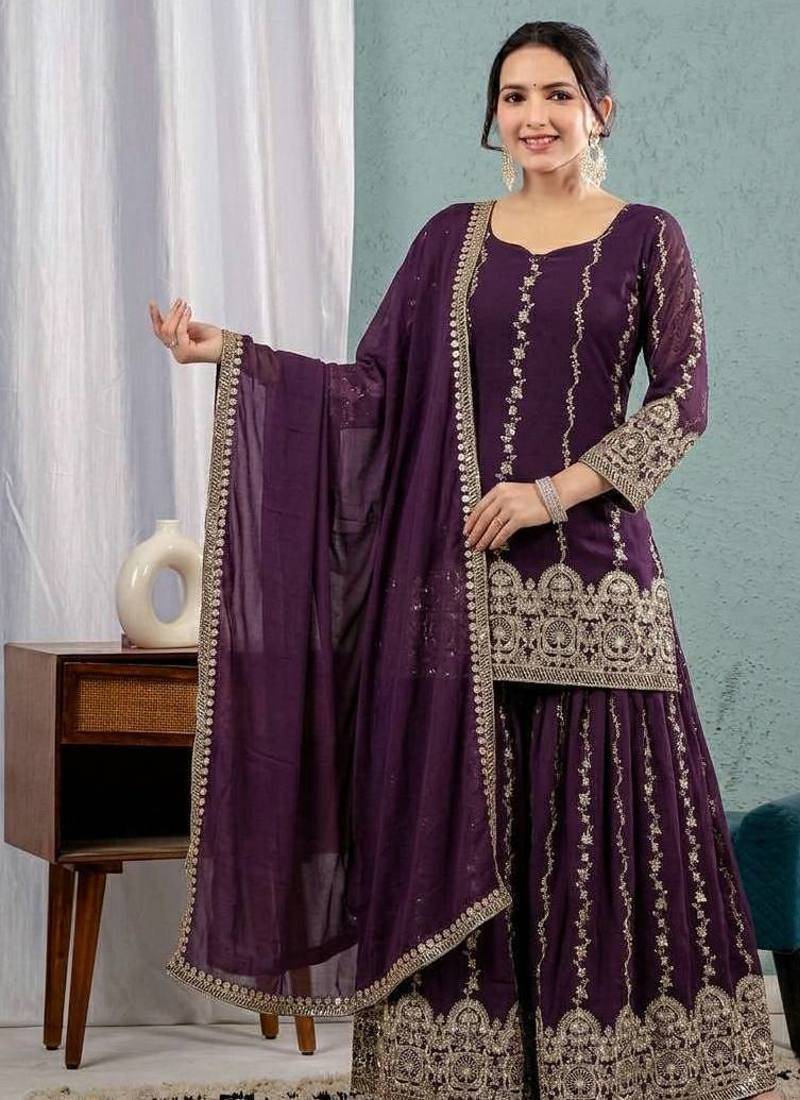 wine crunchy silk party wear embroidered anarkali suit set 