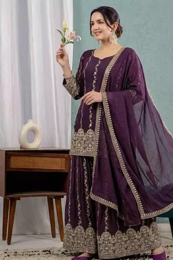 wine crunchy silk party wear embroidered anarkali suit set 