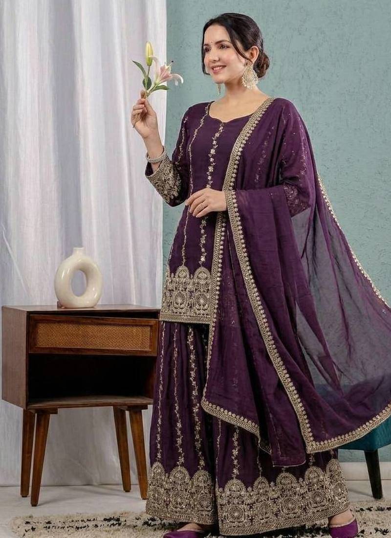 wine crunchy silk party wear embroidered anarkali suit set 