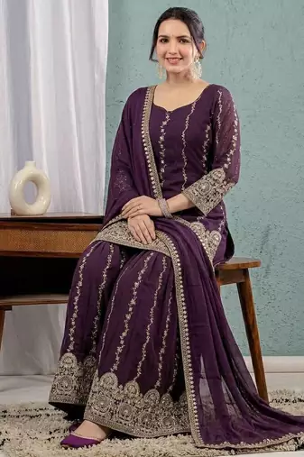 wine crunchy silk party wear embroidered anarkali suit set 