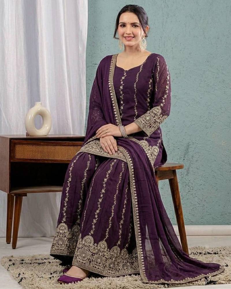 wine crunchy silk party wear embroidered anarkali suit set 